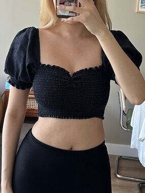 Reformation black linen ruched crop top with puff sleeves